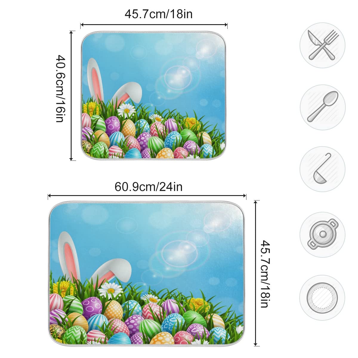 Easter Colorful Eggs Rabbit Dish Drying Mat 18X24 Absorbent Dishes Pad Dish Drainer Mat Protector For Kitchen Fast Dry
