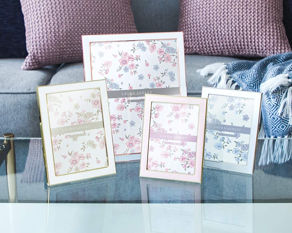 Laura Ashley 5x7 White Enamel Picture Frame, Rose Gold Metal Edge with Easel, for Countertop, Counterspace, Tabletop Display, Bo