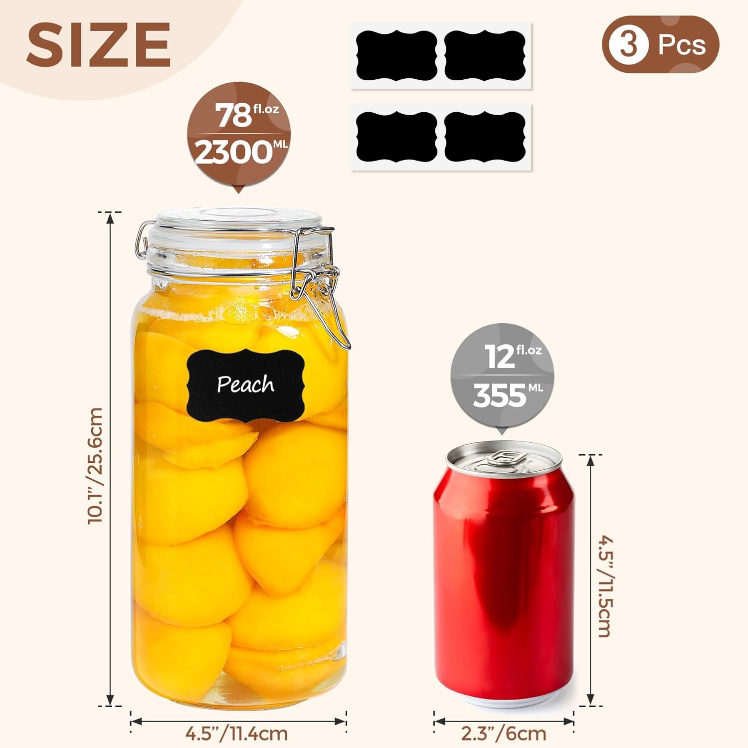 ComSaf Airtight Glass Canister Set of 3 with Lids 78oz Food Storage Jar Square - Storage Container with Clear Preserving Seal Wire Clip Fastening for Kitchen Canning Cereal Pasta Sugar Beans Spice