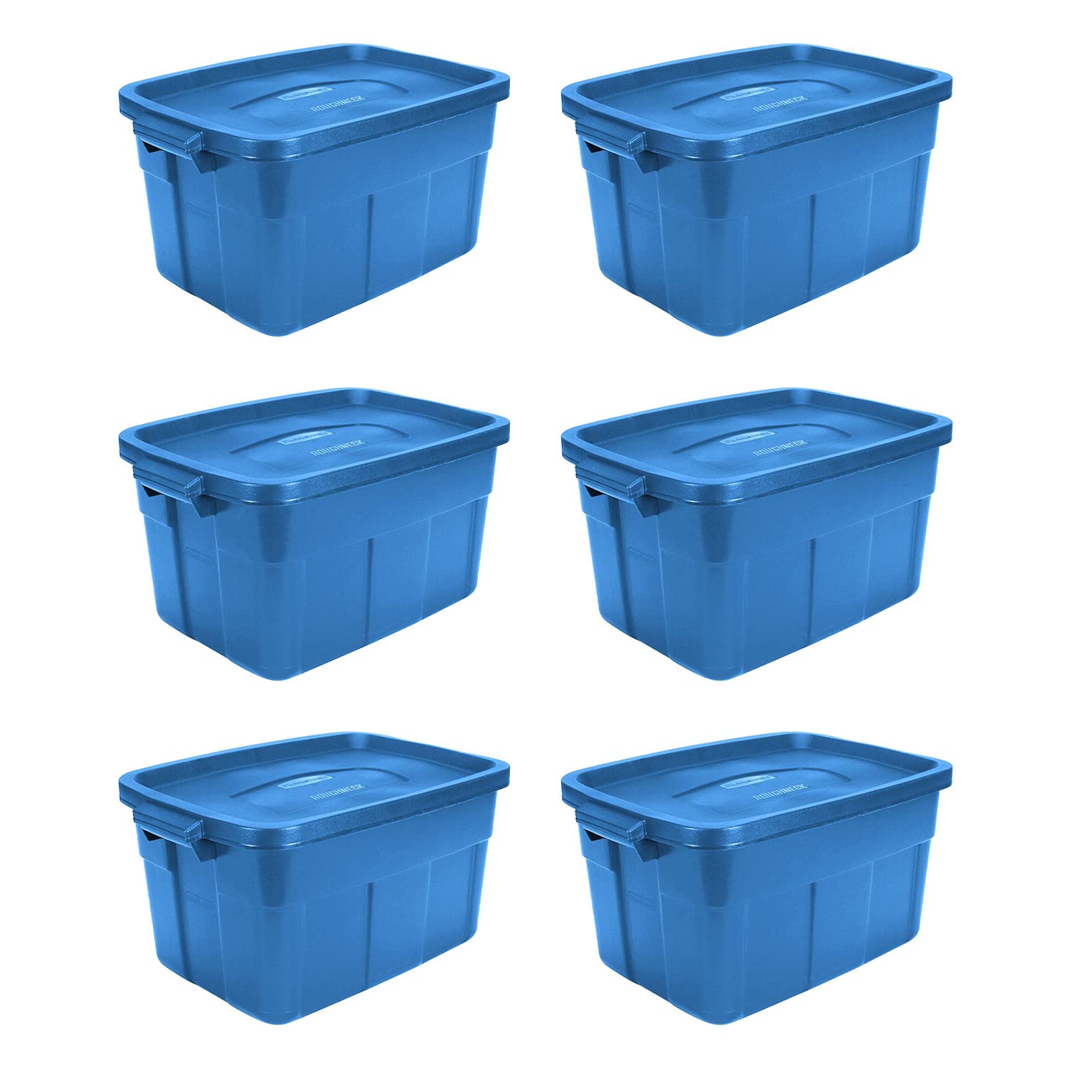Rubbermaid Roughneck Tote 14 Gal - 6 Pack |Made In The Usa| Heritage Blue, Rugged Plastic Stackable Storage Tote With Lid And Ha