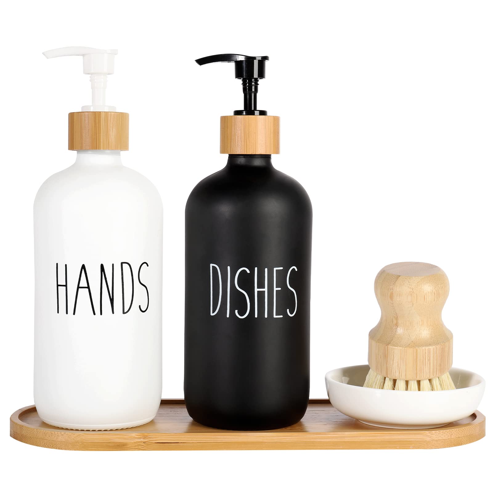 Hand And Dish Soap Dispenser Set, Hand Soap Dispenser For Kitchen, Glass Soap Dispenser With Tray And Bamboo Dish Brush, Kitchen