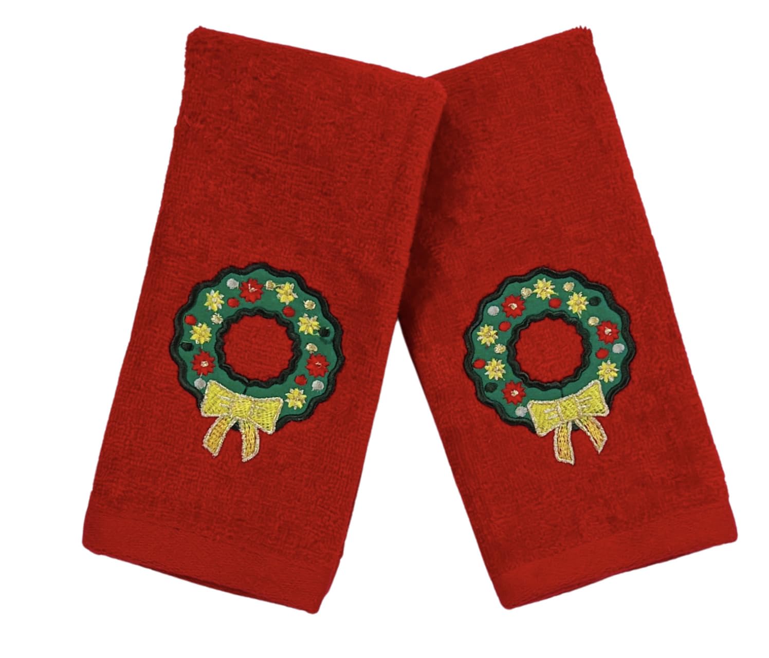 Serafina Home Christmas Bath Towel Set: Cotton Terry Fingertip Towels, Traditional Green Wreath Gold Bow Design, Set Of 2, Embro