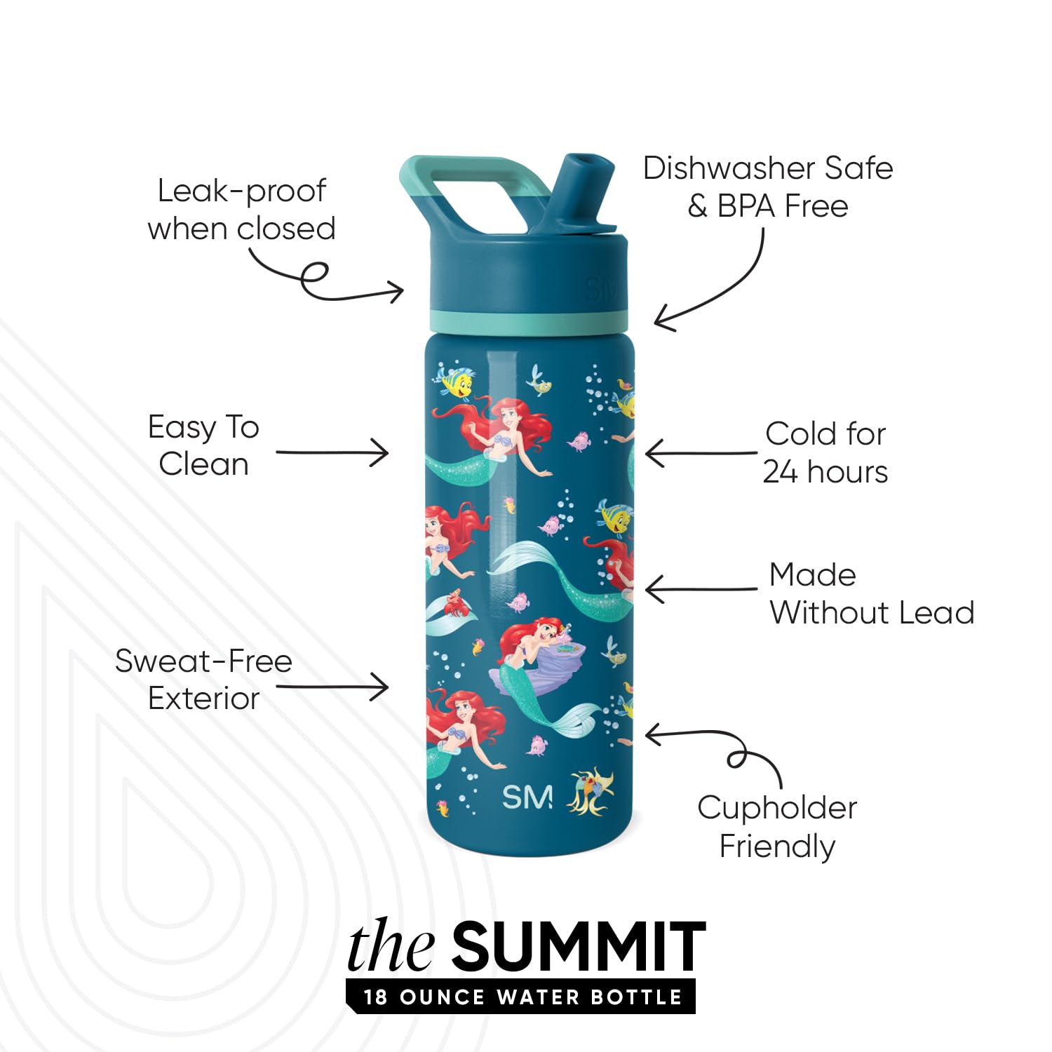 Simple Modern Kids Summit Water Bottle with Straw Lid | Disney The Little Mermaid Ariel 18oz Stainless Steel Cup Insulated Tumbl
