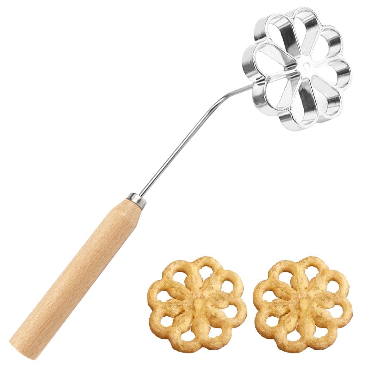 Doerdo 1Pcs Wooden Handle Frying Mold Rosette Waffle Molds Homemade Frying Mold Kitchen Gadgets, Silver