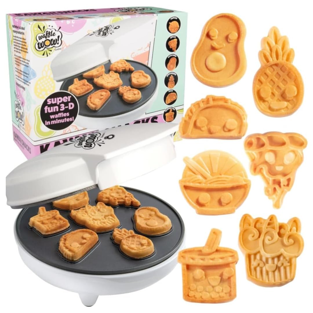 Fun Food Friends Mini Waffle Maker- 7 Different Kawaii Style Design Pan Cakes Feat. Avocado Pizza Ramen Taco & More- Cool Electr