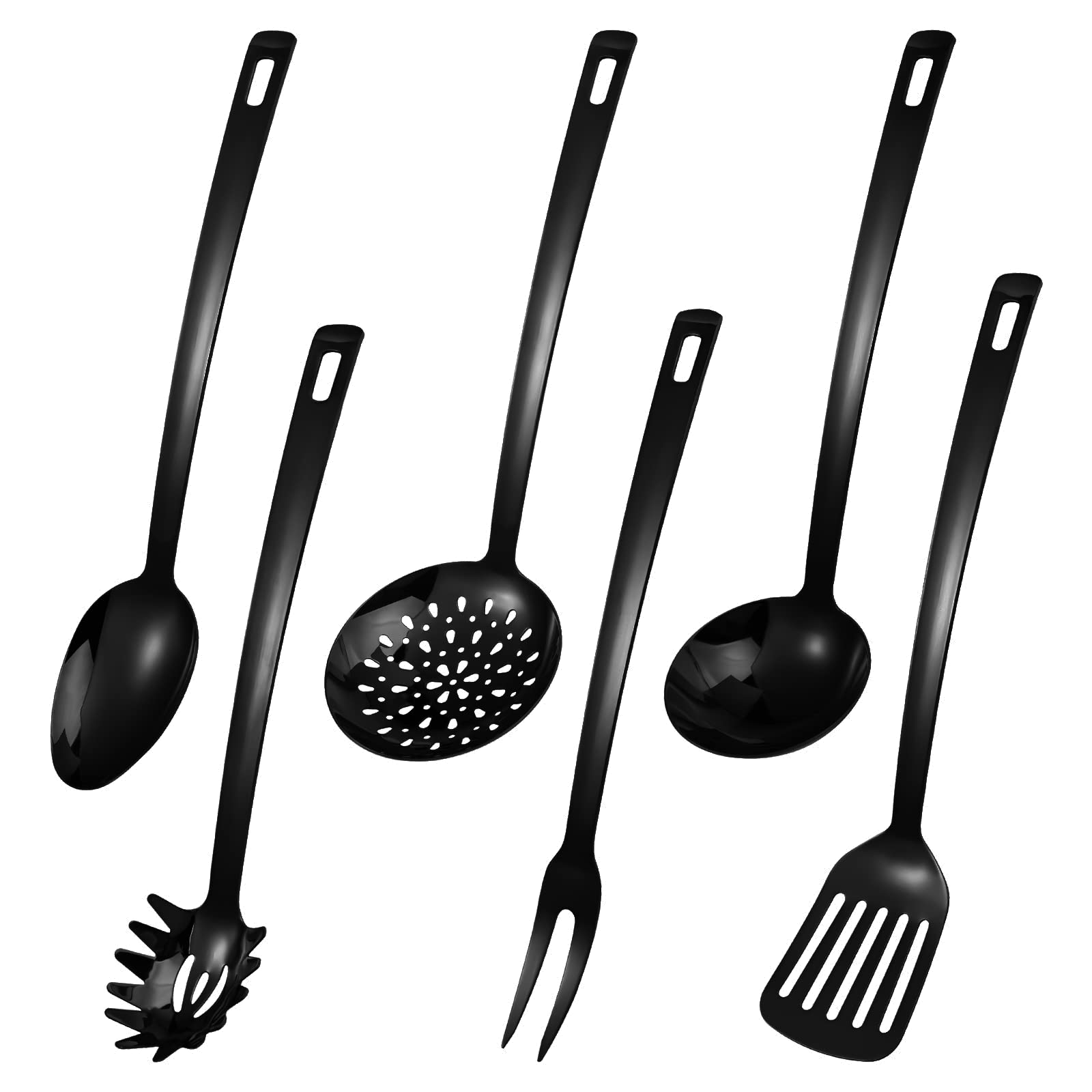 6 Pcs Large Black Stainless Steel Cooking Utensils Set Heat Resistant Kitchen Utensils Set Includes Colander, Bbq Fork, Pasta Sc