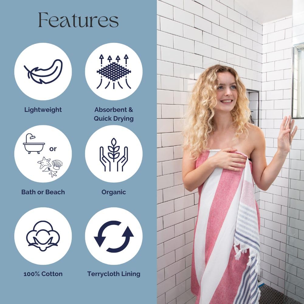 Infusezen Terry Cloth Lined Turkish Bath & Beach Towel - Marine Stripe Design - 100% Organic Turkish Cotton - Soft, Lightweight,