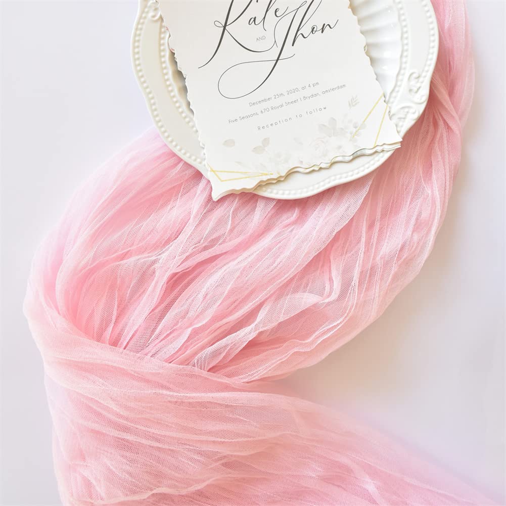 Joanlody Blushing Pink Cheesecloth Table Runner 10Ft Rustic Gauze Cheese Cloth Table Runner Boho Easter Spring Summer Table Runn