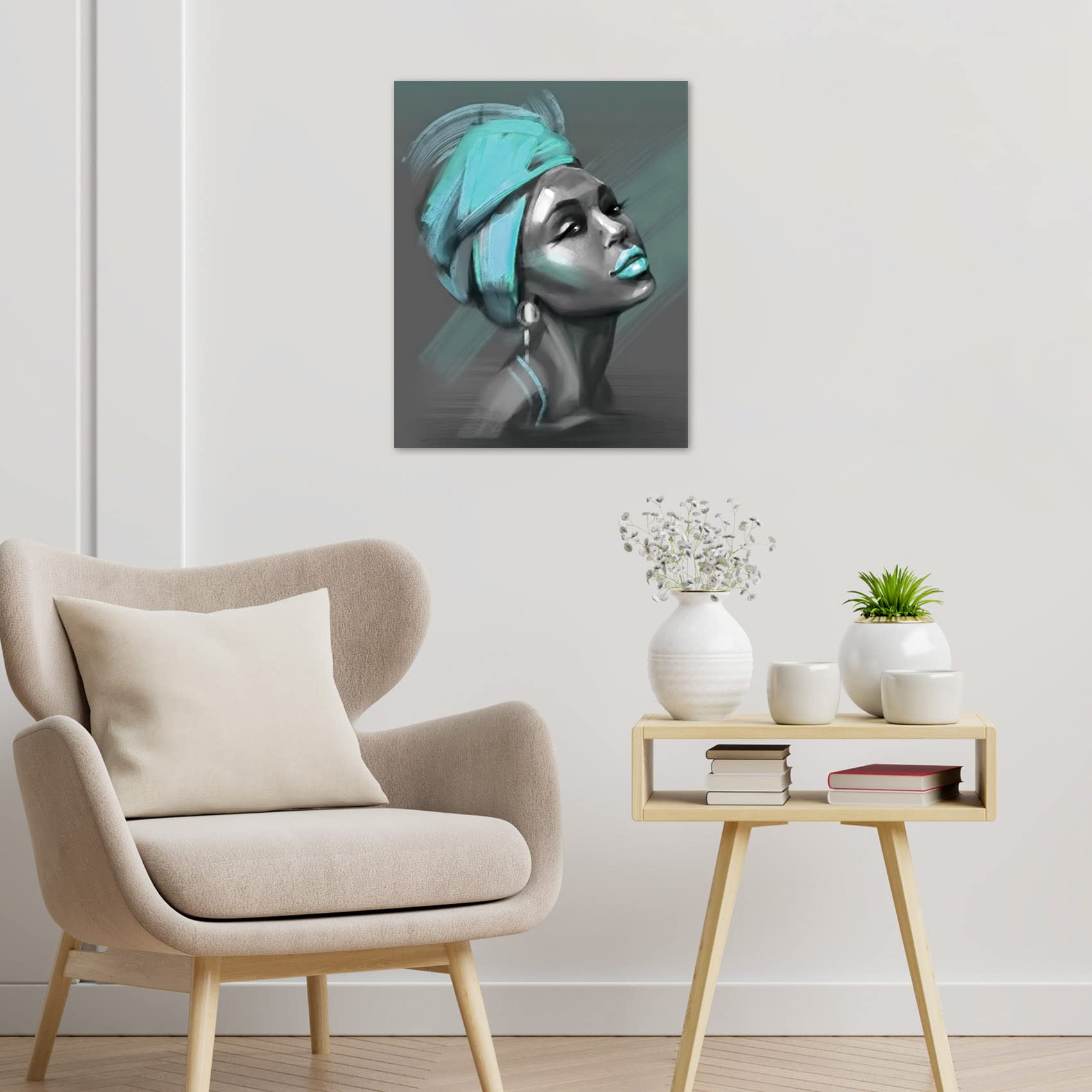 LB African American Women Canvas Wall Art  Beauty Black Woman Teal Hair Canvas Art  Abstract Minimalist Painting Wall Decor for Living Room Bedroom Bathroom Home Decor Ready to Hanging 12x16 Inch