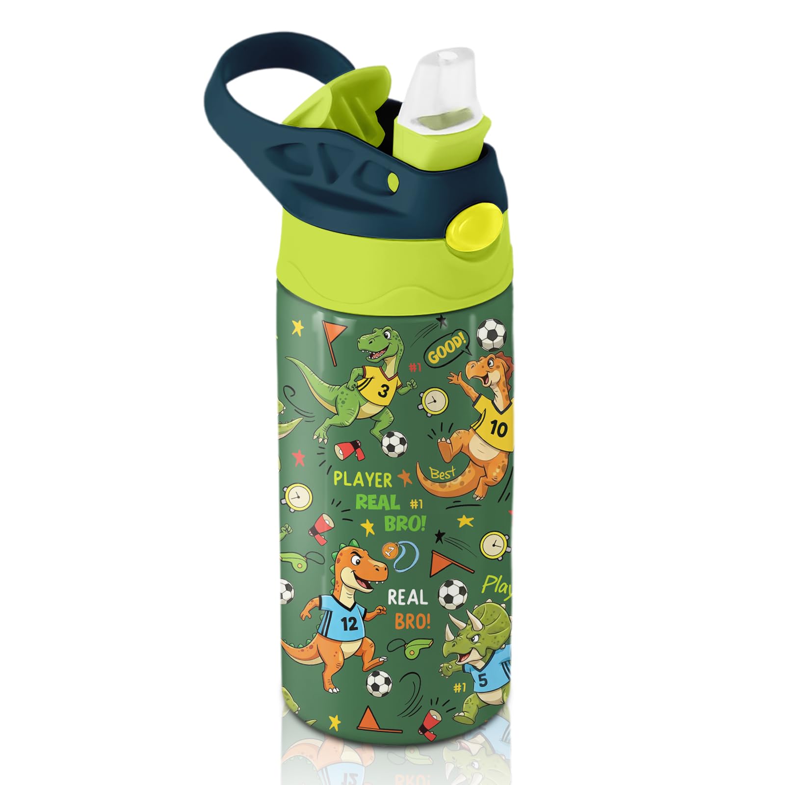 Soccer Water Bottle for Kids - 12oz Dinosaur Kids Water Bottle with Straw, Stainless Steel Tumbler, Insulated, Leak-proof, BPA-f
