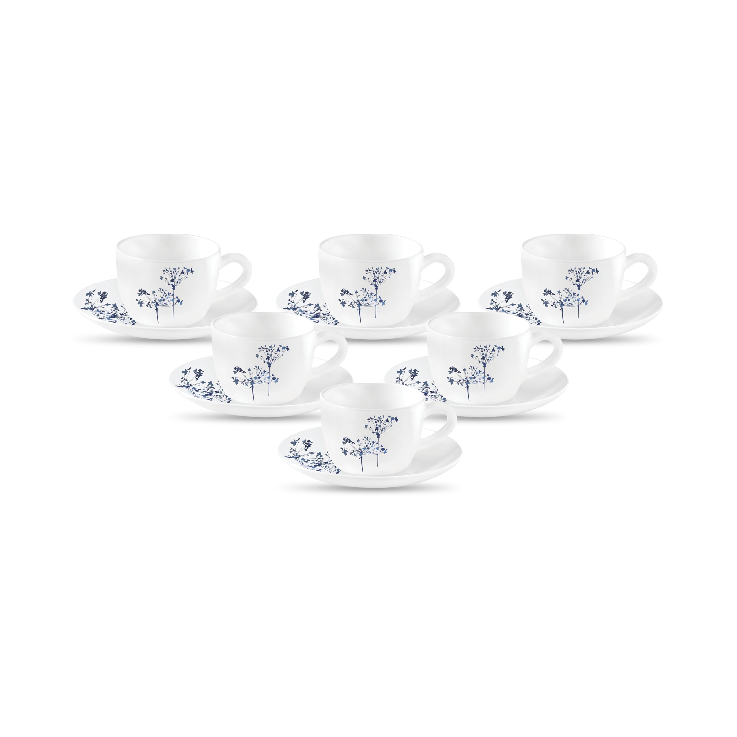 La Opala, Novo Collection Opal Glass Crockery | Cup & Saucer Princess, Set Of 12 | Aqua Spray, 150 Ml | For Tea & Coffee | Micro
