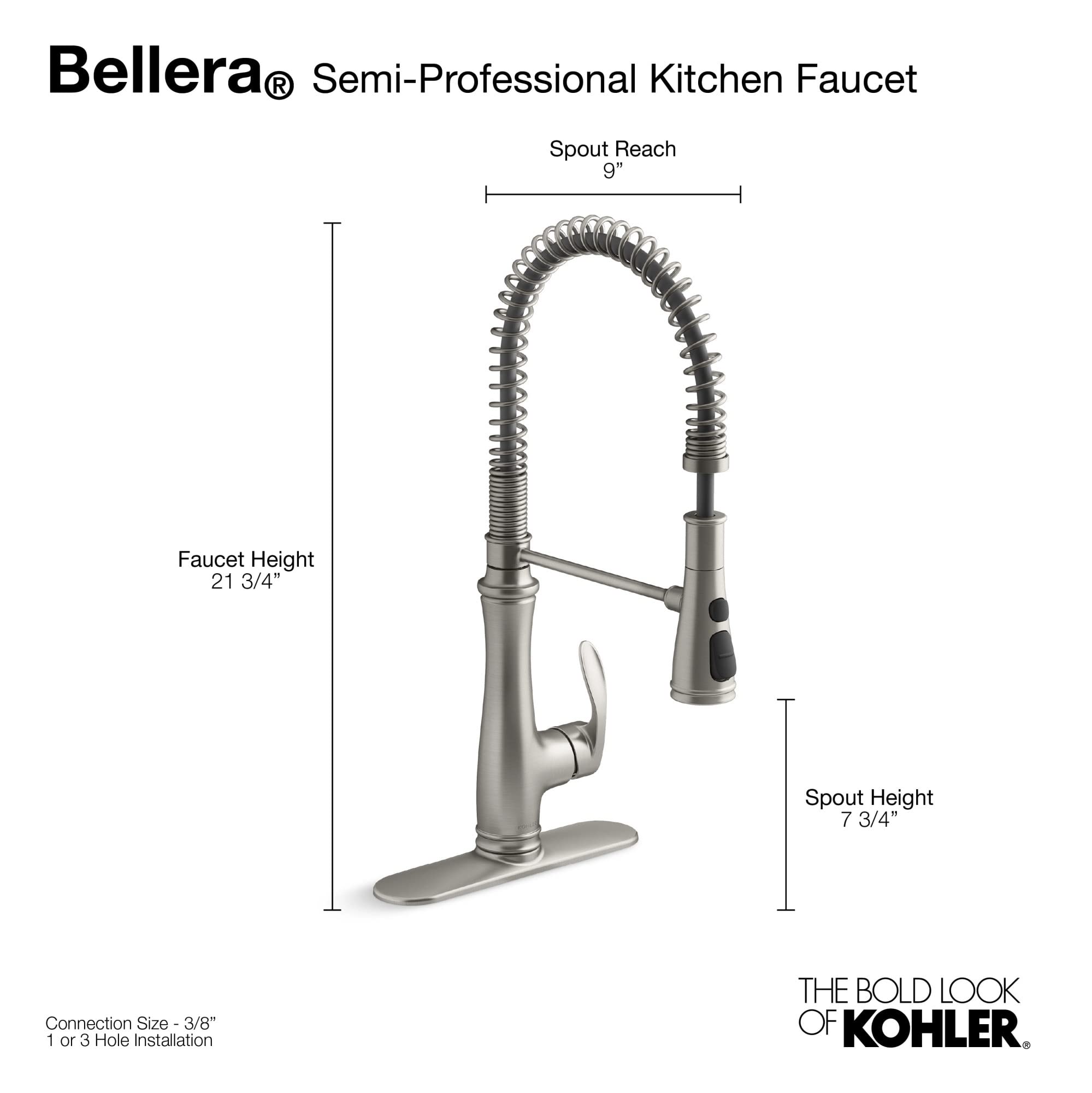 Kohler K-29106-Cp Bellera Pull Down Sprayer Kitchen Sink Faucet, 3 Function Spray Head, Polished Chrome