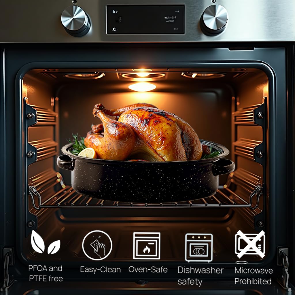 19    Turkey Roasting Pan Enamel Oval Granite Large Roaster Pan with Lid with 17in Inner Diameter Large Capacity Suitable for Th