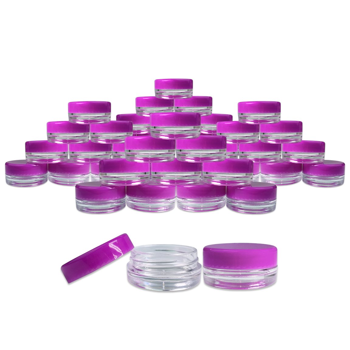 Beauticom (200 Pieces Jars + Lid) 3G/3Ml Round Clear Jars With Purple Screw Cap Lids For Scrubs, Oils, Toner, Salves, Creams, Lo