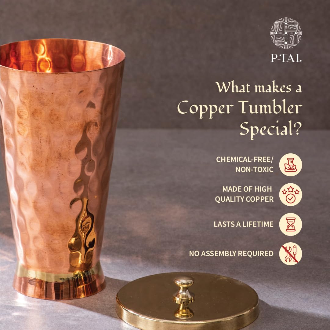 P-Tal Copper Mint Julep Cup With Lid, Water Tumbler, Drinkware, Made Of Pure Copper, Ayurvedic Health Benefits, Break Resistant