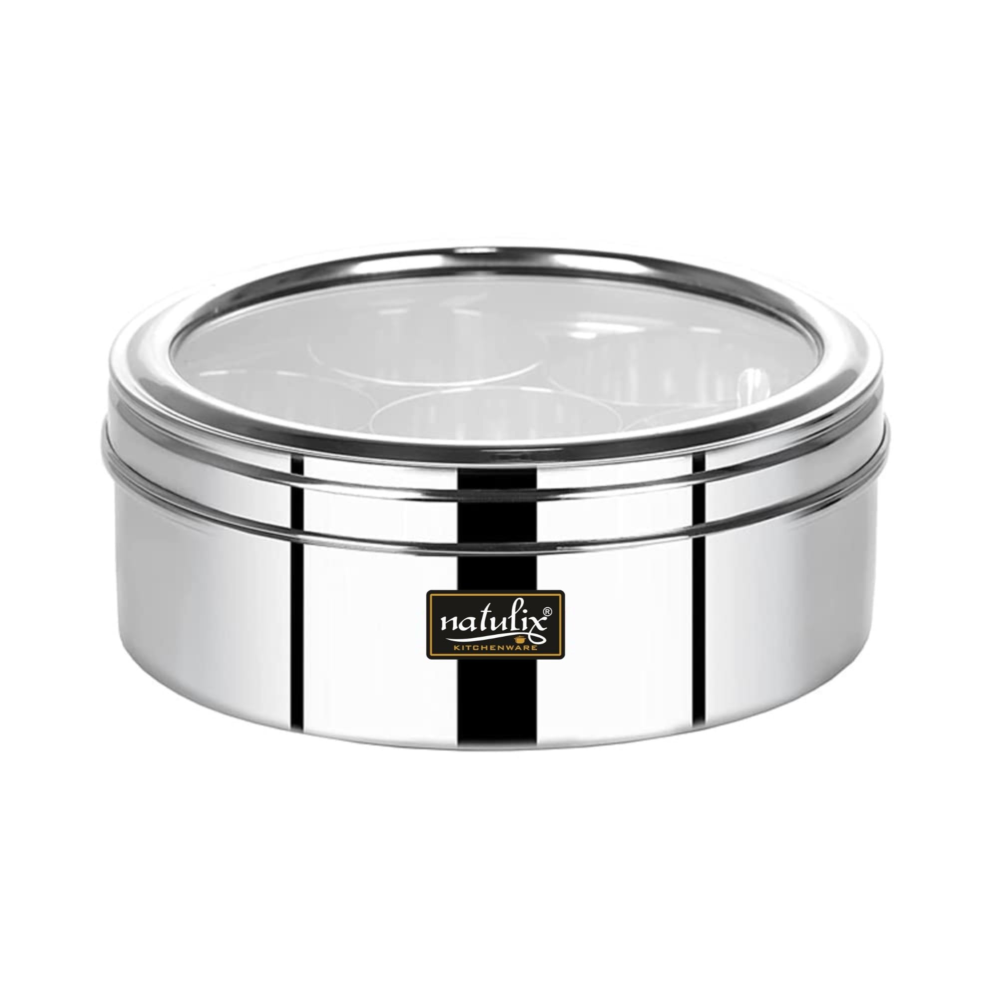 Natulix Stainless Steel Masala Container | Masala Box For Kitchen | Spice Box | Masala Dabba With See Through Lid With 7 Contain