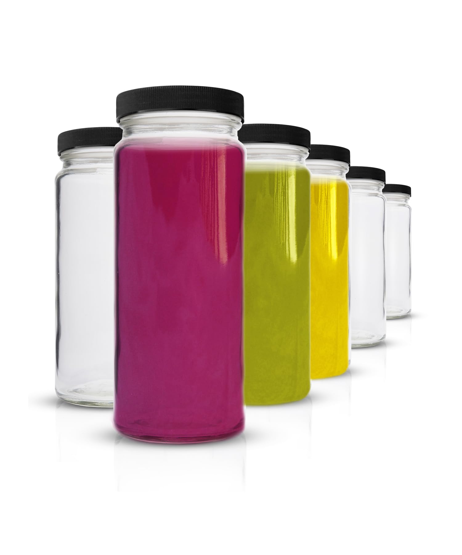 All About Juicing Clear Glass Water Bottles Set - 6 Pack Wide Mouth with Lids for Juice  Smoothies  Beverage Storage - 16 oz  Durable  Reusable  Dishwasher Safe  Leak Proof (Black Caps)