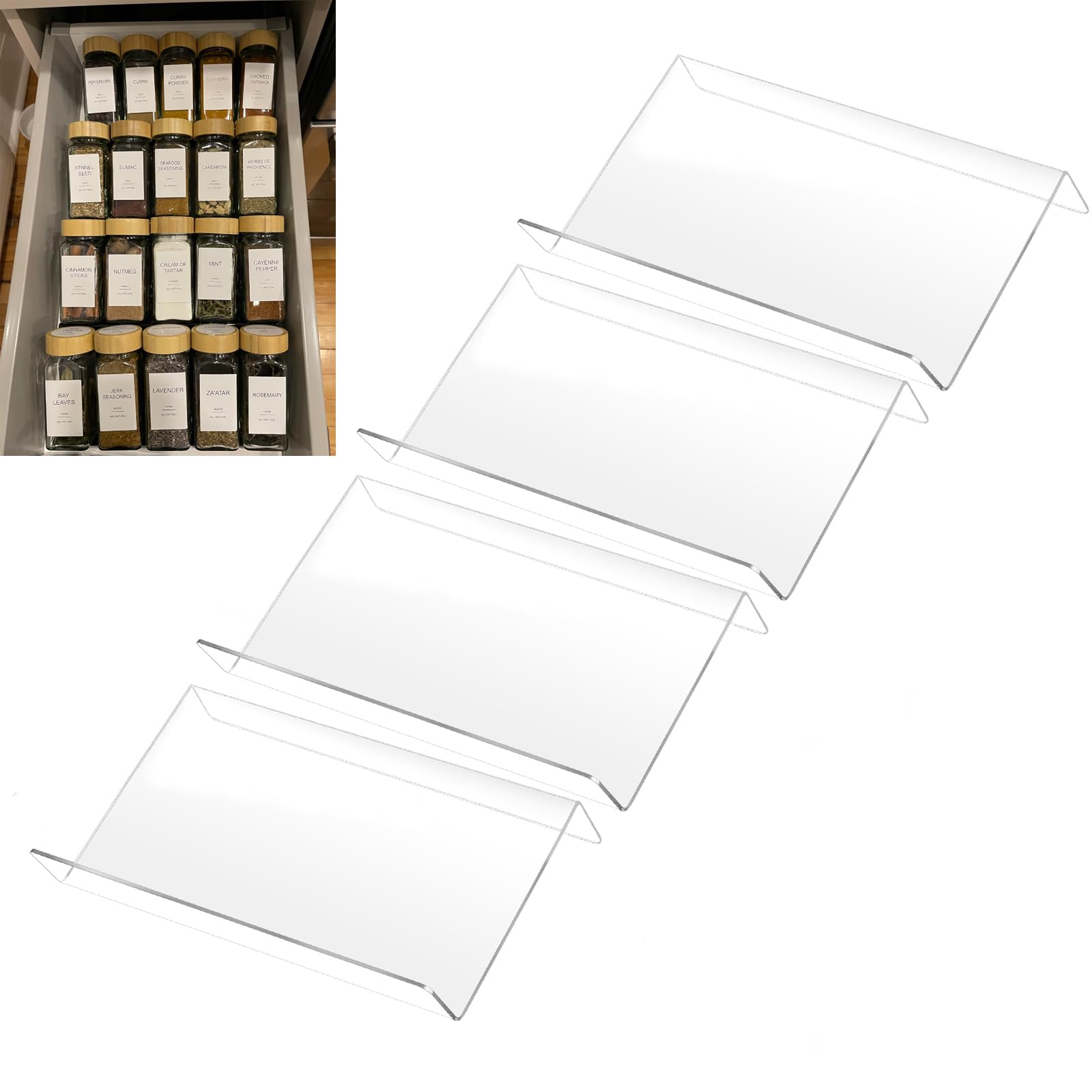 Vbm Spice Drawer Organizer, 4 Tier Clear Acrylic Expandable Seasoning Jars Drawer Insert, Kitchen Drawer Spice Rack Tray For Cab