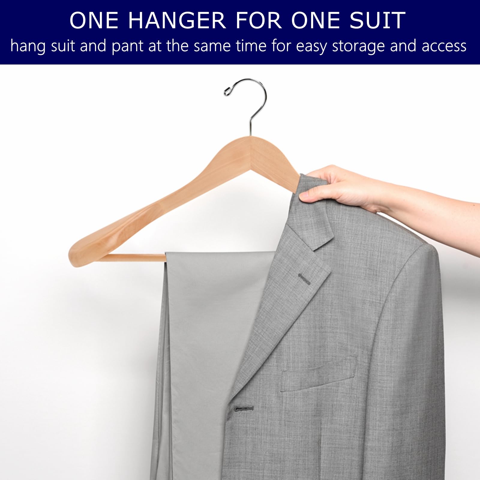 Amber Home 6 Pack Wide Shoulder Wooden Suit Coat Hangers With Non Slip Pants Bar, Solid Wood Jacket Clothes Hangers Smooth Finis