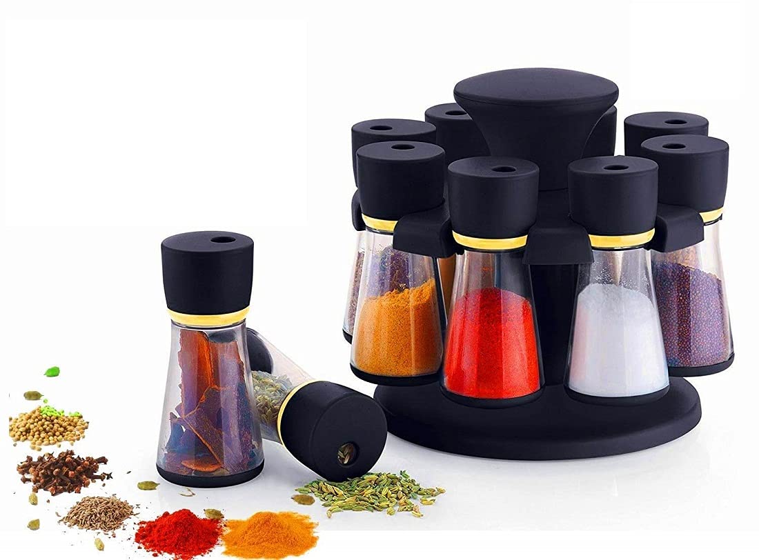 N M Z Abs Plastic 8 In 1 Spice Rack Masala Container Set 15 * 15 * 10 Cm Black Color 1Pcs