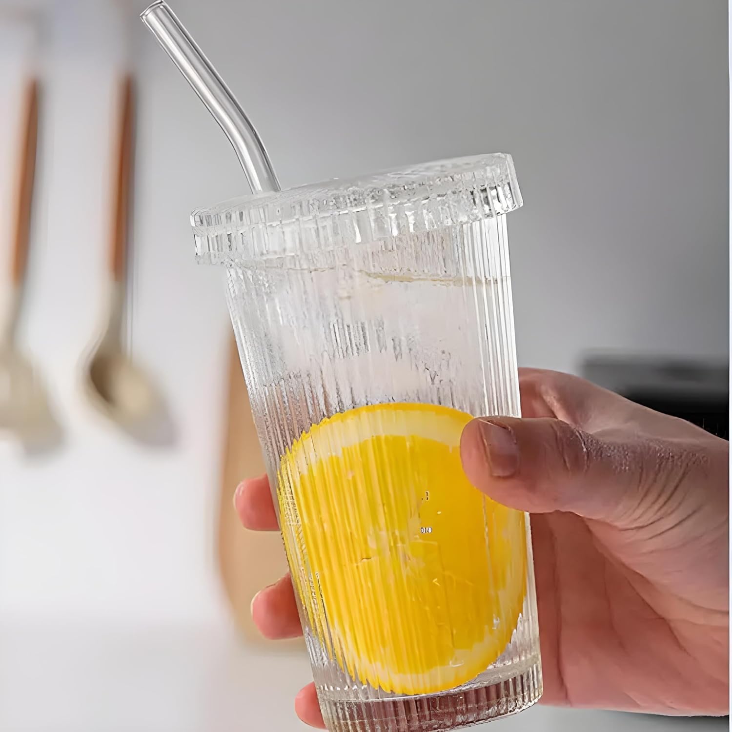 Ykxims Ribbed Glass Cup With Lid And Straw, 400Ml, Set Of 1