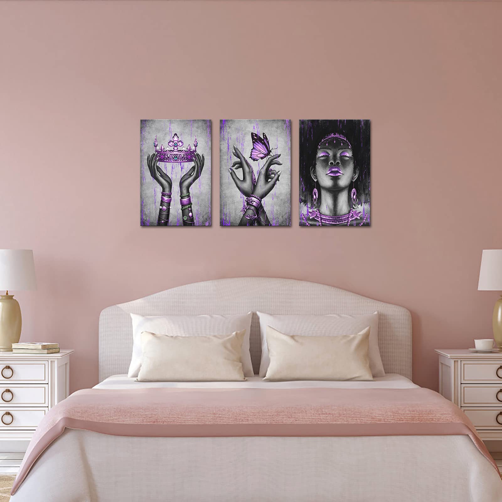 Kalormore Black American Woman Canvas Wall Art Giclee Prints Elegant Woman With Purple Queen Crown Butterfly Painting Picture Ar