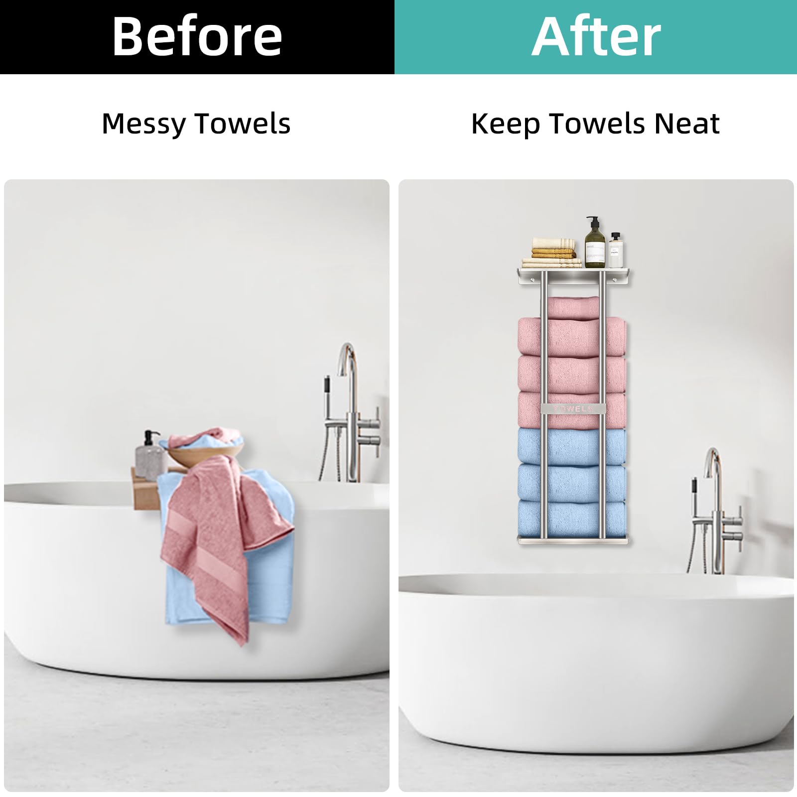 Stwwo Bathroom Towel Storage For Bathroom, Wall Towel Rack For Rolled Towels, 30 Inch Towel Holder Wall Mounted With Metal Shelf