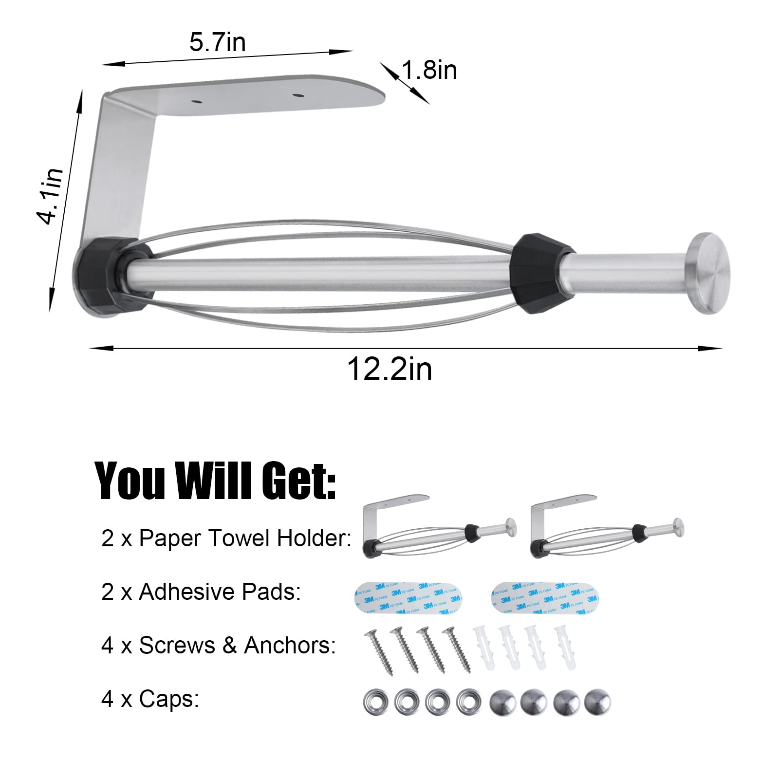 2 Pack Paper Towel Holder, Easy Tear With Damping Function, Single Hand Operable Wall Mount Paper Towel Holder, Self-Adhesive Or