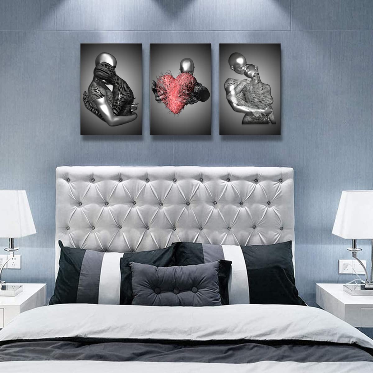 Framed 3 Pcs Love Heart 3D Wall Art Metal Sculpture Romantic Couple Hug Abstract Art Prints Posters Decor Grey Black And White C