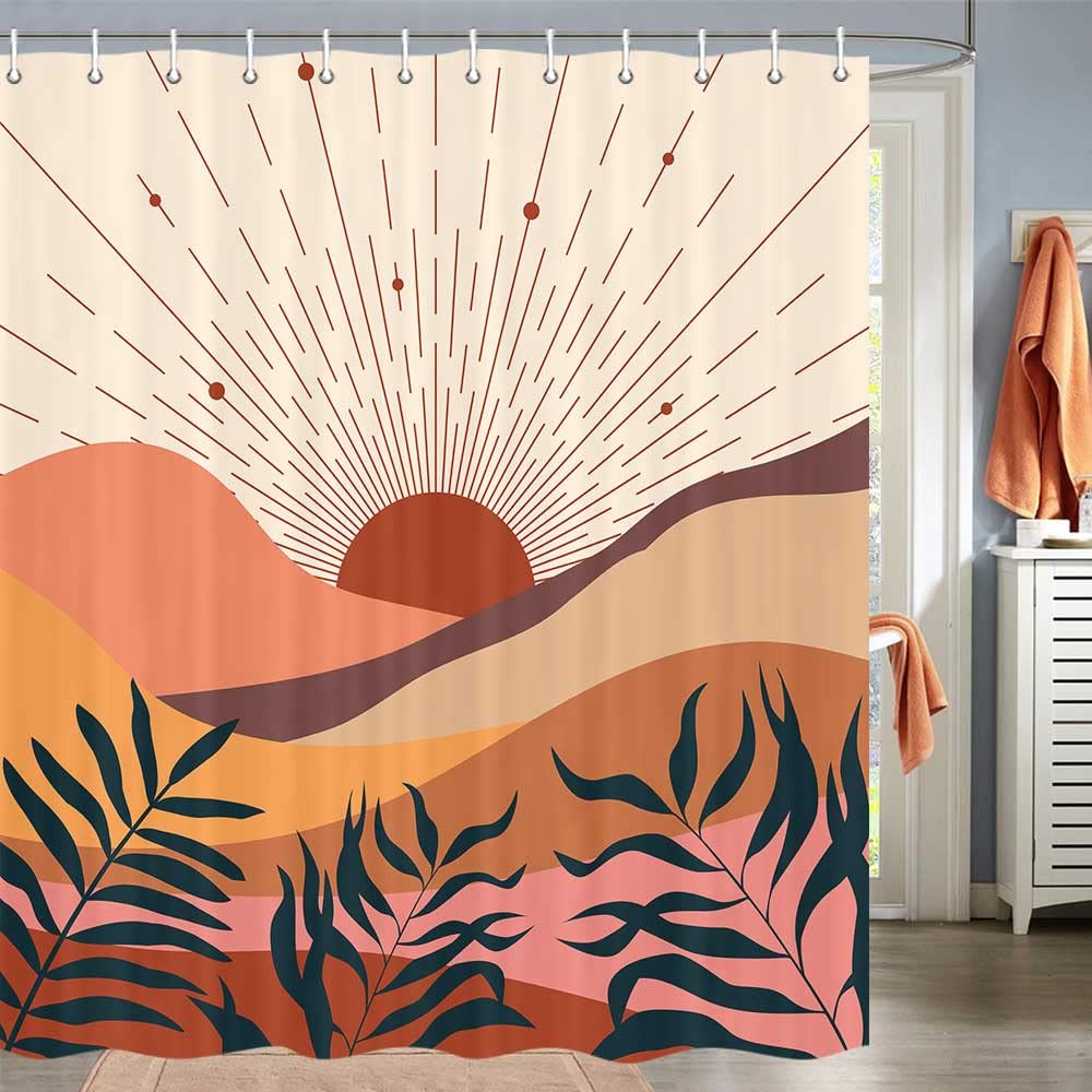 Viajar Boho Mid Century Shower Curtain, Minimalist Abstract Arch Shower Curtain Simple Sun Modern Shower Curtain Machine Washabl