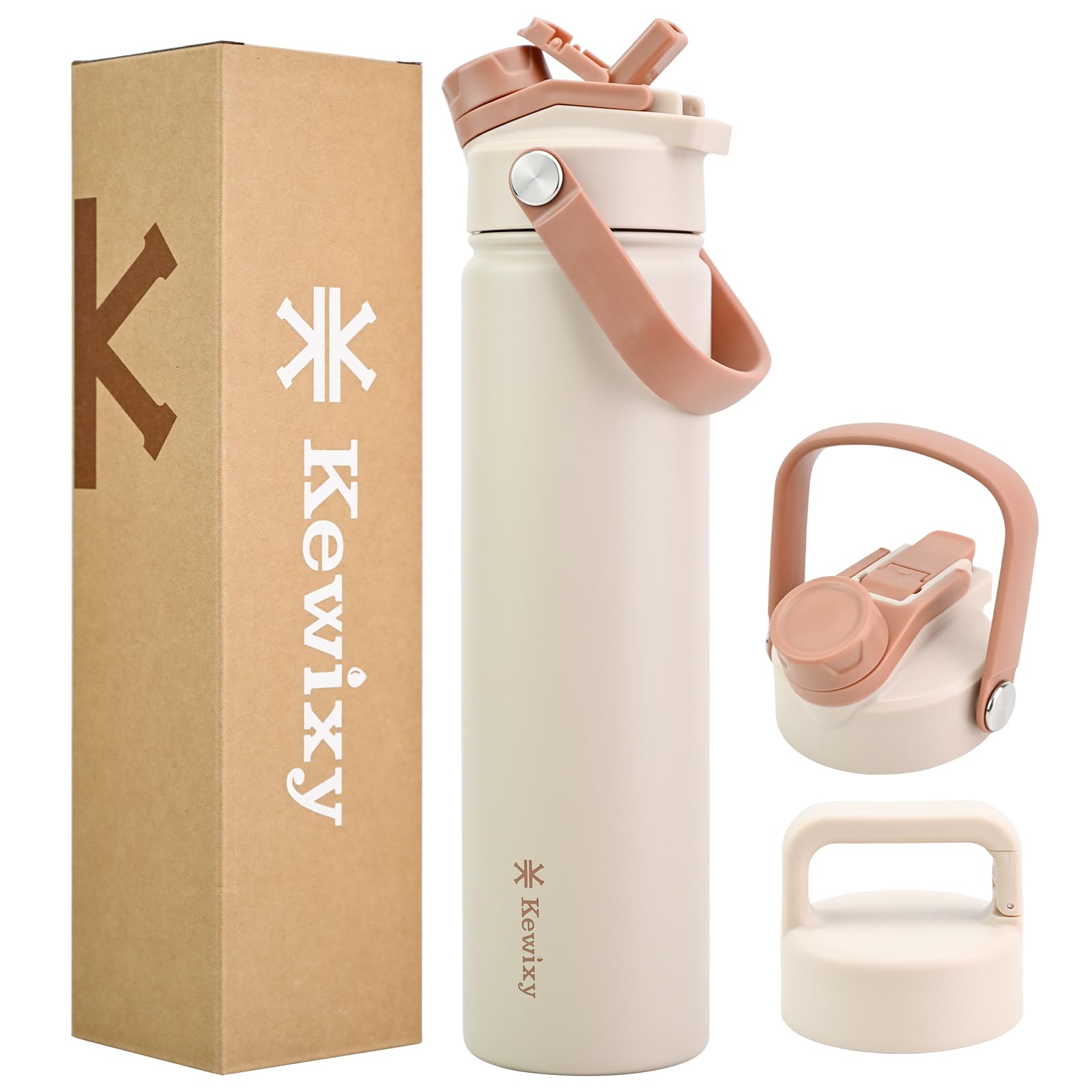 24 oz Insulated Water Bottle, 2-in-1 Lid, Straw & Spout with Protected, Leak Proof, Keep Cold 24H, Cup Holder Fit, Stainless Ste