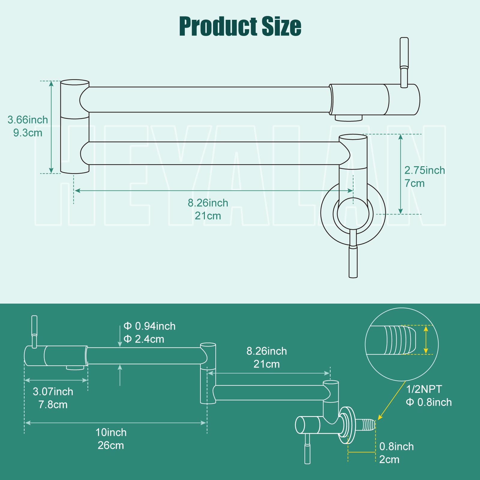 Heyalan 19'' Pot Filler Brushed Nickel Wall Mounted Folding Stretchable Kitchen Restaurant Faucet with Double Joint Swing Arm Single Hole Two Handles Commercial NPT Stainless Steel Stove Tap