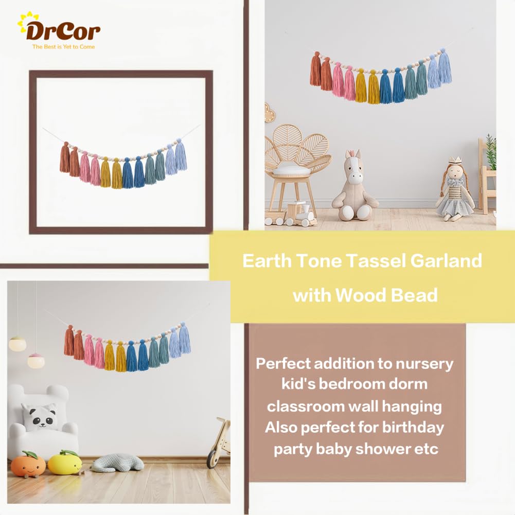 DrCor Boho Earthy Rainbow Tassel Garland - Neutral Yarn Wall Hanging for Calm Classroom, Montessori Nursery, Kids Bedroom, Baby