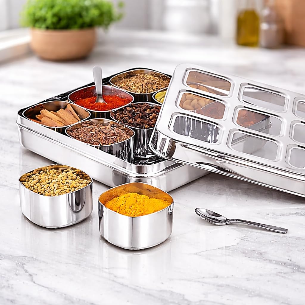Steeple  9 In 1 Square Stainless Steel Spice Box|Organiser With 9 Compartment|Popula Dabba|Square Masala Dani For Kitchen|Rust R