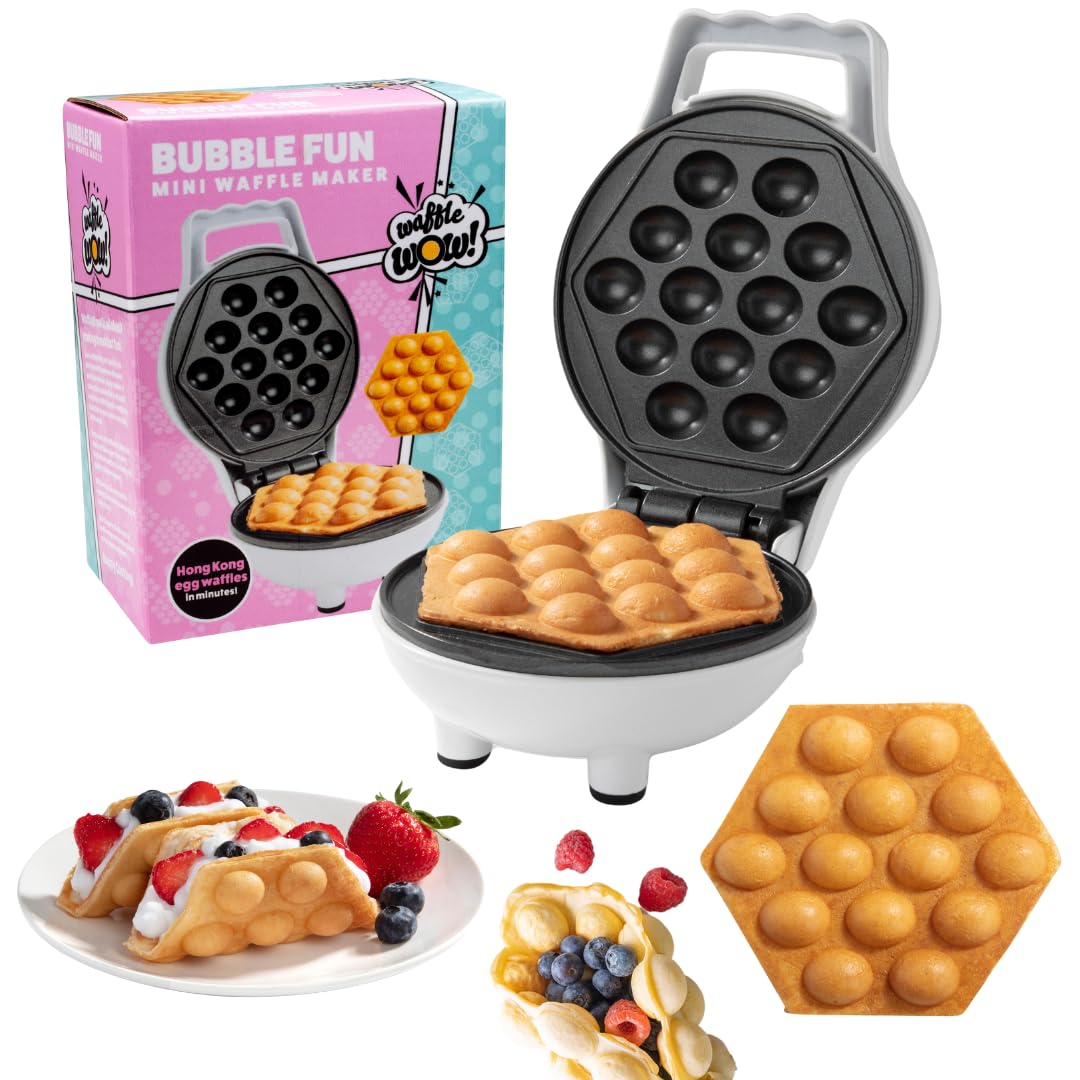 Bubble Mini Waffle Maker- Breakfast Fun w Tiny Hong Kong Egg Style Design, 4 Individual Waffler Iron, Electric Non-Stick Baker w