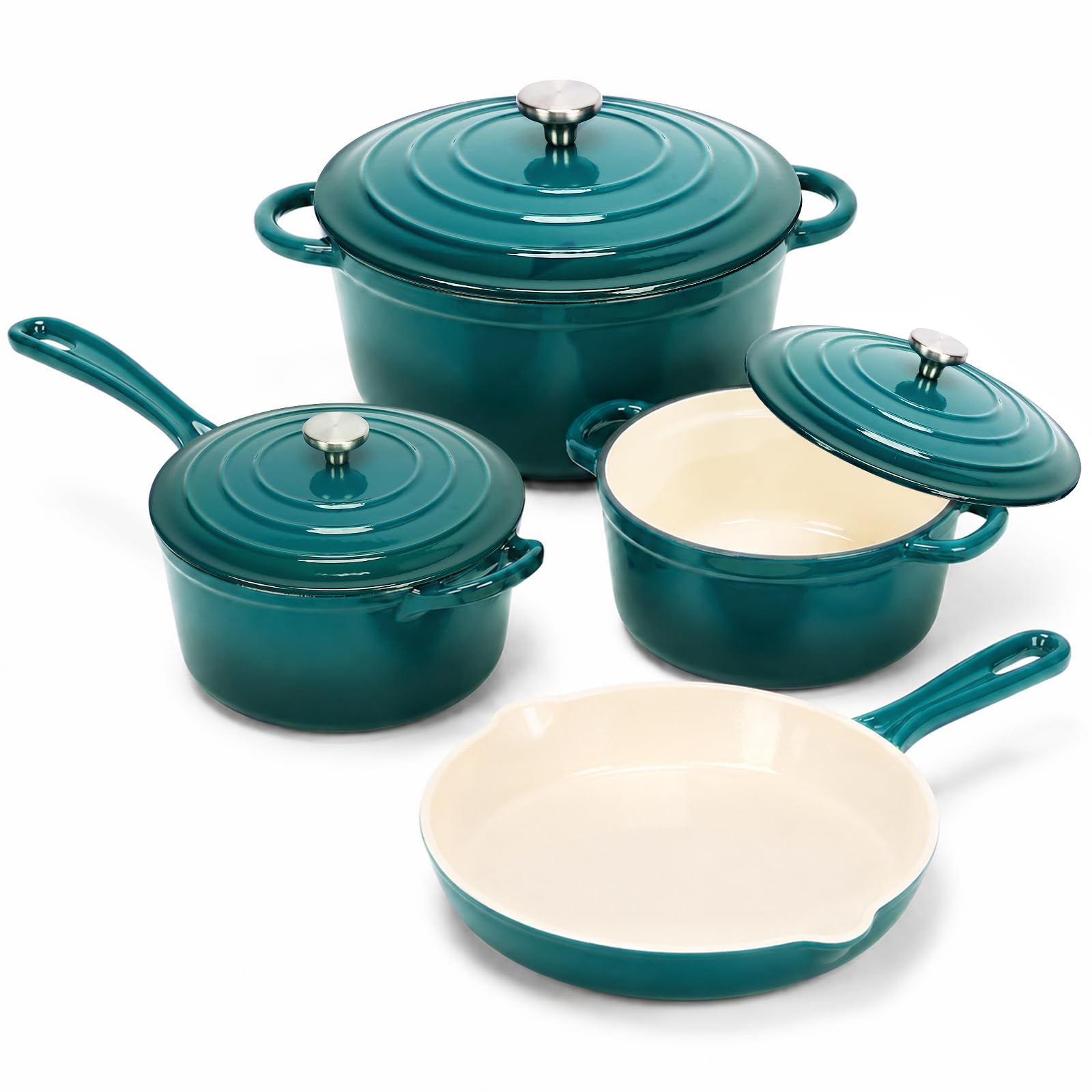 4Piece Enameled Cast Iron Cookware Set, Skillet & Dutch Ovens, Teal