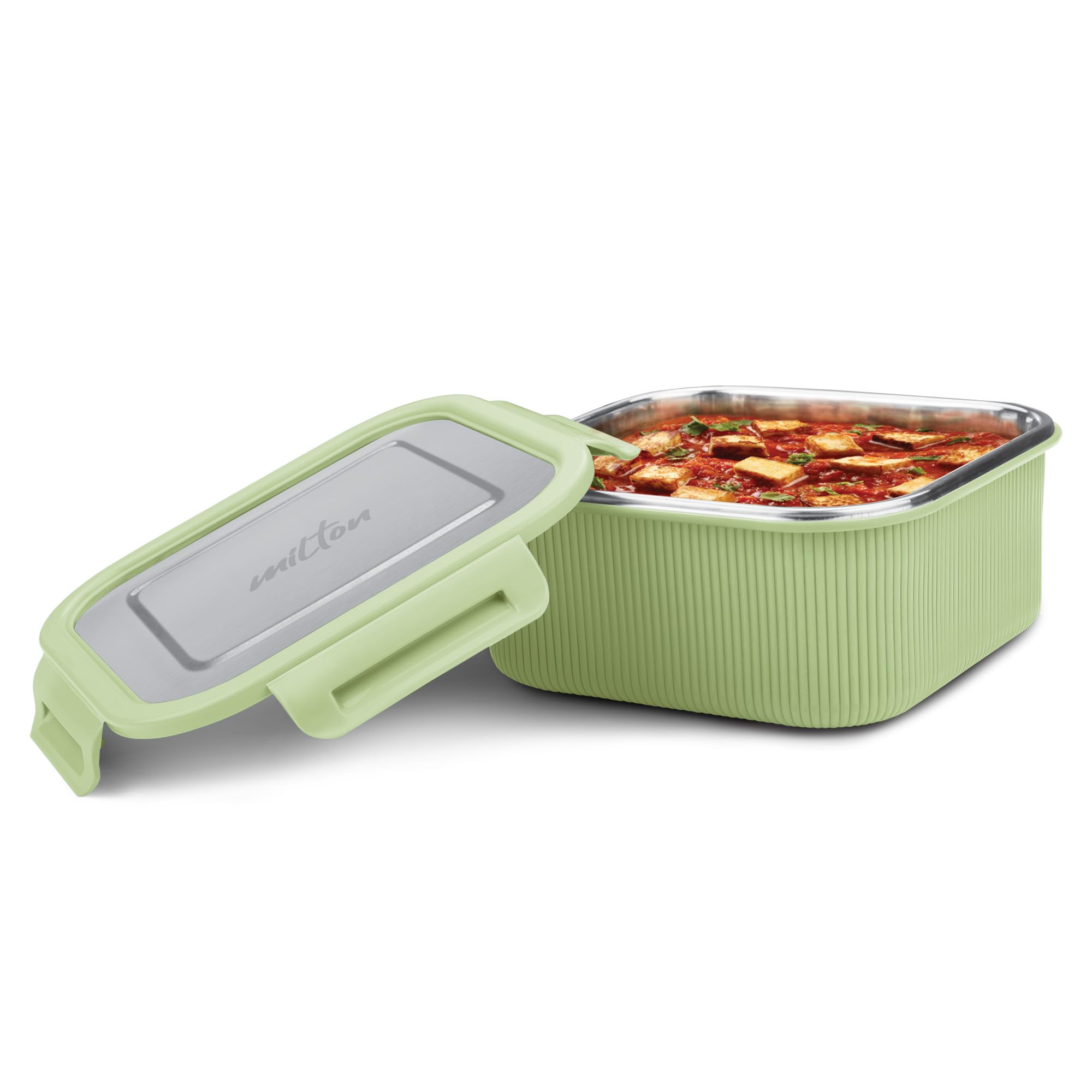 Milton Cool Touch Square 1600 Stainless Steel Container, 1580 Ml, Green | Microwave Safe | Food Grade | Bpa Free | Refrigerator 