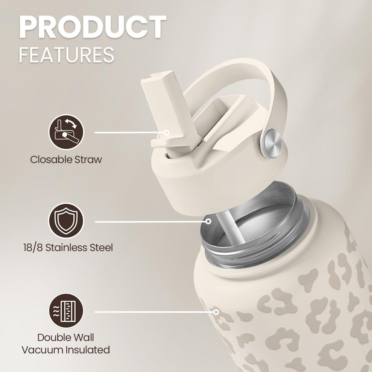 Leopard Water Bottle 32oz Stainless Steel Vacuum Insulated with Lid, Leopard Print Water Bottles for Gym Sports Travel Outdoor,