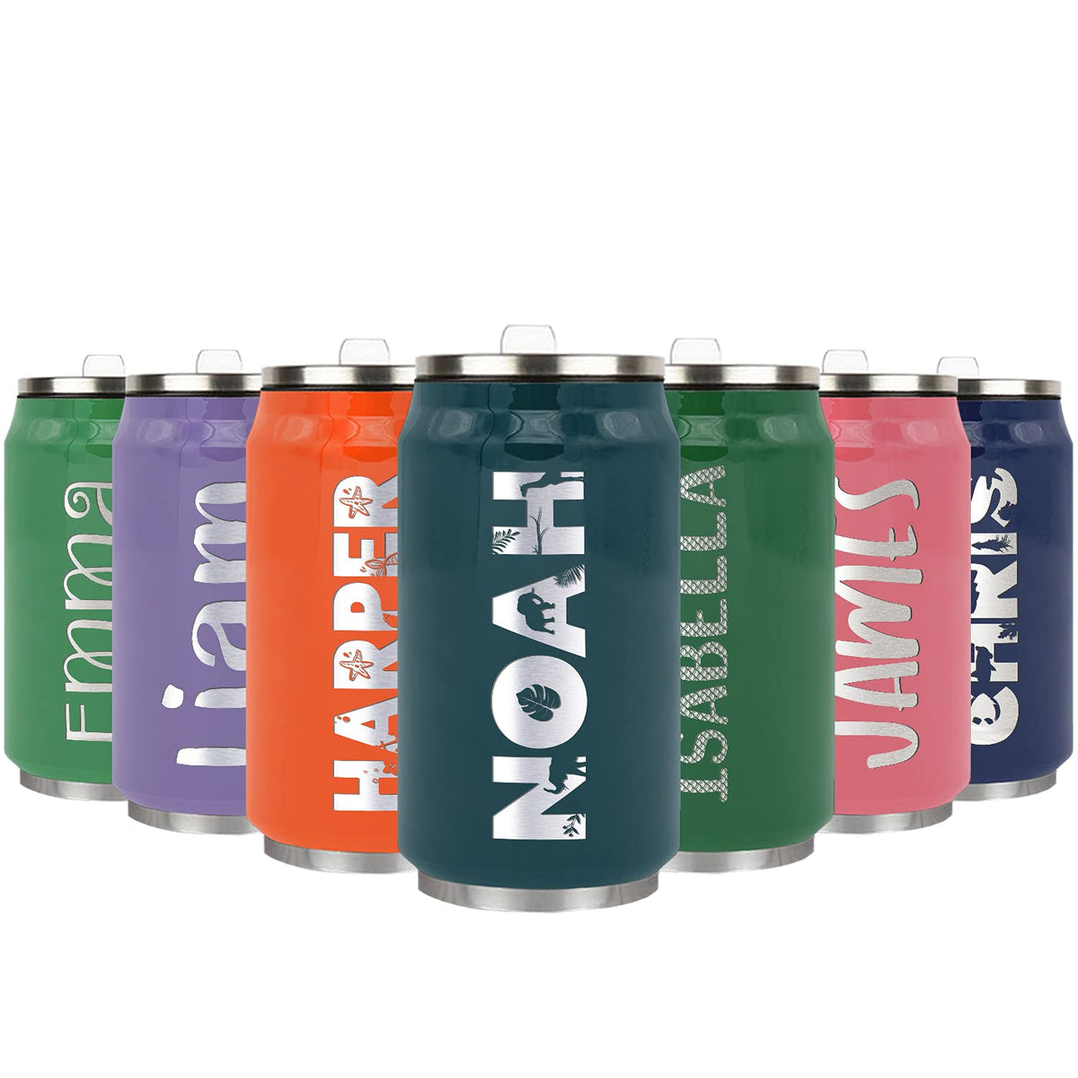 Personalized For Kids On Blue Sea Gloss Laser Engraved Custom Children Name 12 Oz Can Stainless Steel Water Bottle