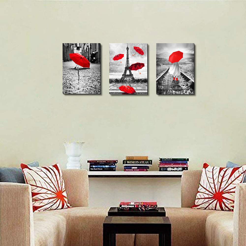 Black And White Landscape Eiffel Tower 3 Piece Wall Art For Living Room Bathroom Decorations Kitchen Wall Decor Modern Red Umbre