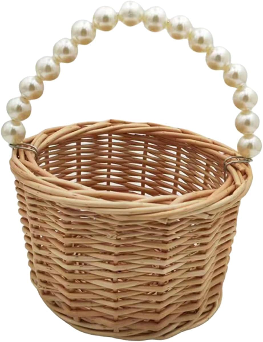 Rustic Wicker Rattan Wedding Flower Girl Baskets,Woven Rattan Storage Basket with Pearl Handles,Woven Eggs Candy Basket for Wedd