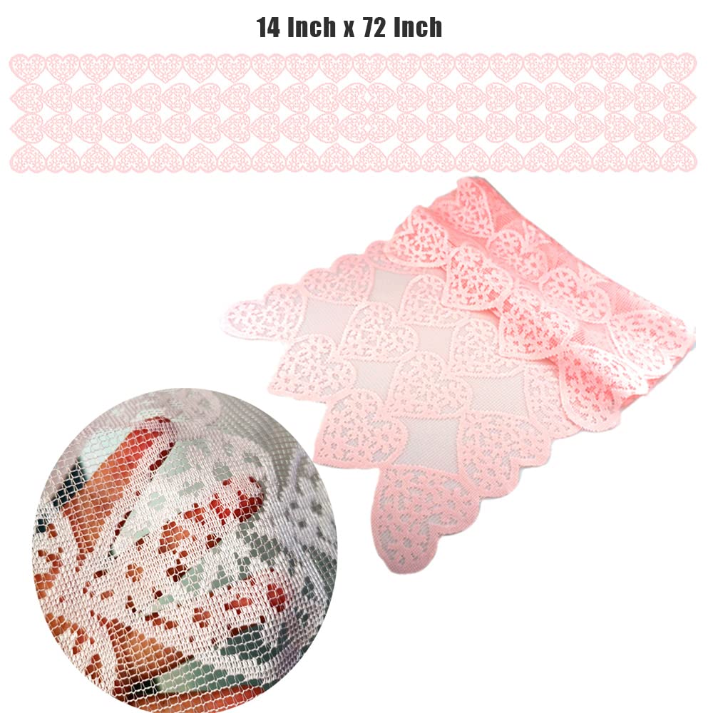 Saktopdeco 14 X 72 Inch Valentines Day Runner Pink Heart Table Runner Lace For Valentines Day Wedding Party Decorations