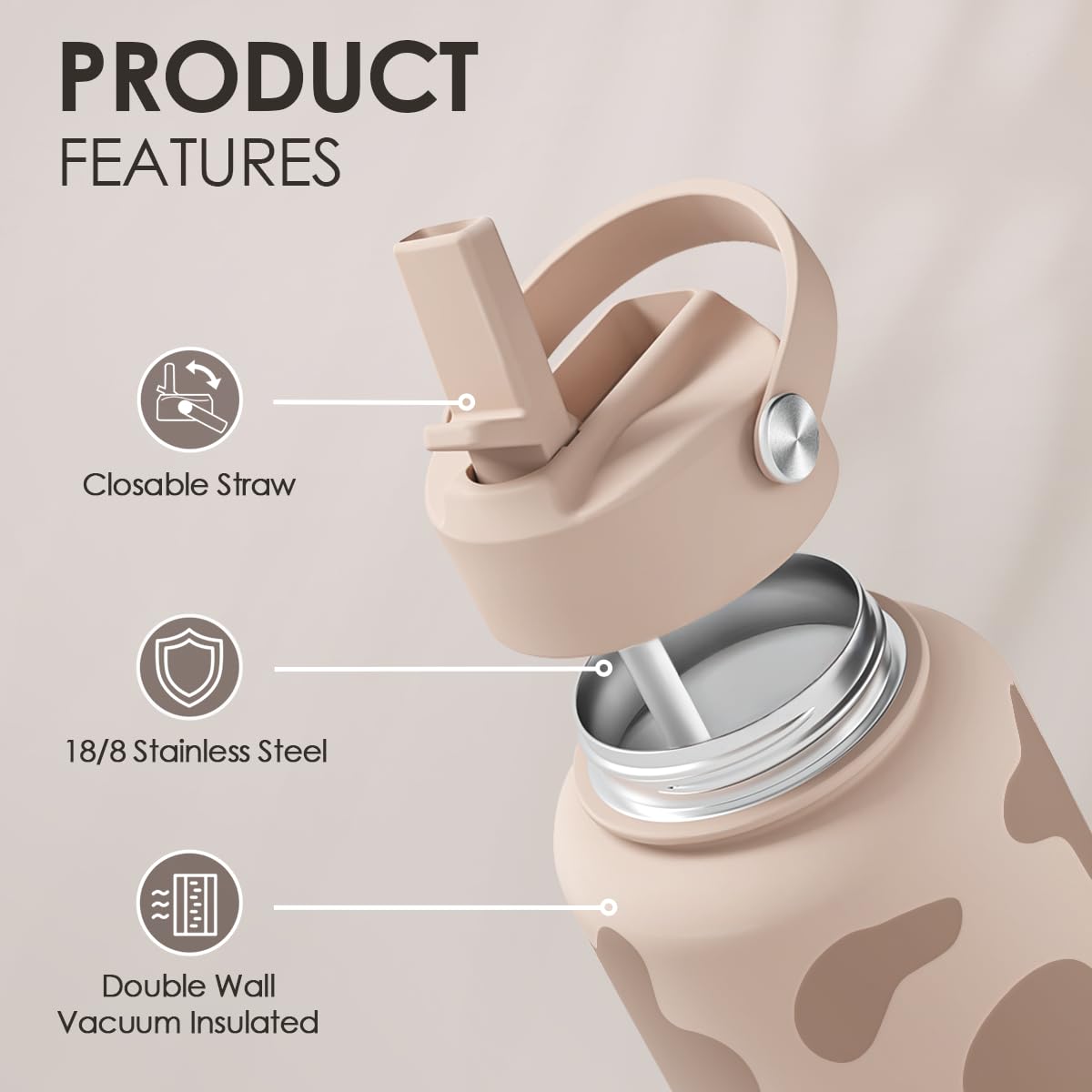 Cow Print Water Bottle 32oz Stainless Steel with Lid, Insulated Bottles for Sports Travel Outdoor, Gifts for Women Girls Birthda