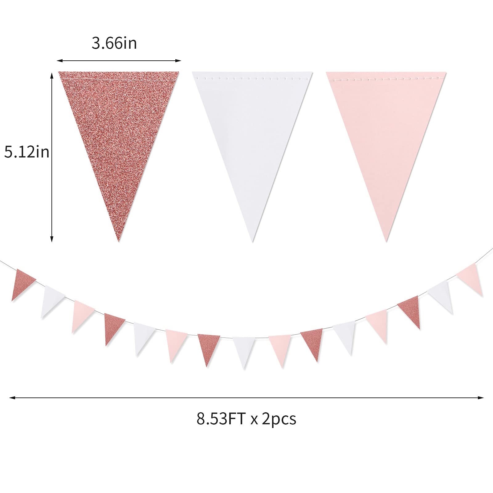 Pink-White Rose-Gold Party Decorations Banner - 2 Pack Engagement Baby Bridal Shower Paper Pennant Triangle Flags, Girl Birthday