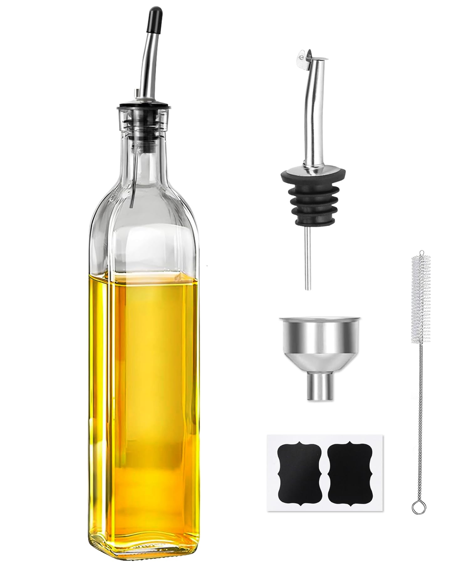 WEILAIDI Olive Oil Dispenser Bottle, 1 Pcs Glass Oil and Vinegar Dispenser Set with 2 Stainless Steel Pourers, 2 Labels,1 Brush 