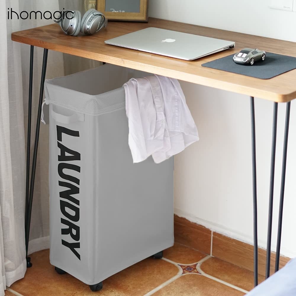 Ihomagic 62L Laundry Baskets Wheels, Tall Thin Laundry Hamper With Removable Mesh Laundry Bags - Foldable Dirty Clothes Bag Hand