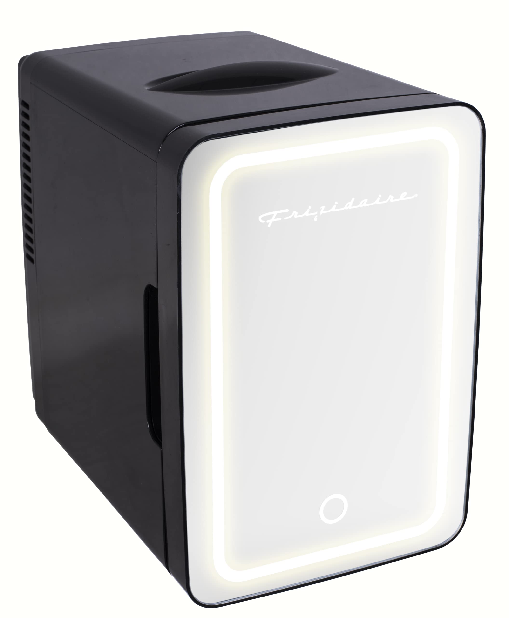 FRIGIDAIRE EFMIS170-BLACK, Mini Portable Compact Personal Lighted Mirror Fridge Cooler, 6.5L Capacity Chills 9 Cans, 100% Freon-