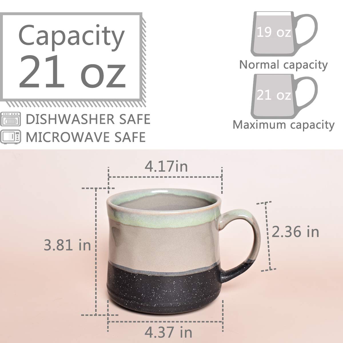 Bosmarlin Large Ceramic Coffee Mug, Big Tea Cup, 7 Colors To Choose, 21 Oz, Dishwasher And Microwave Safe, 1 Pcs (Grey)