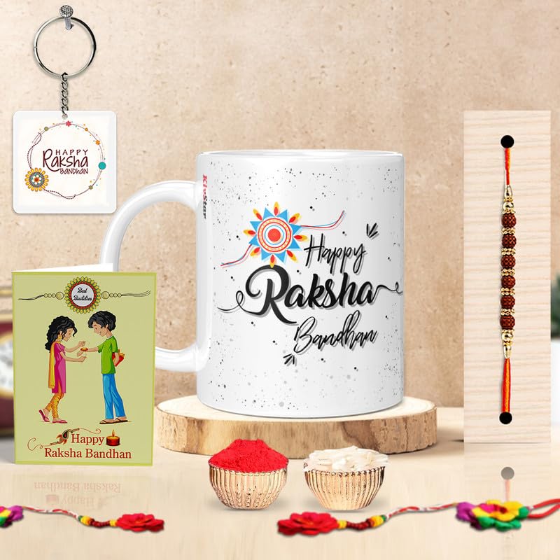 KivStar Happy rakshabandhan Quotes Printed Ceramic Mug with Rakhi Roli Keychain Greeting Card Combo Rakhi for Brother Pack of 5 