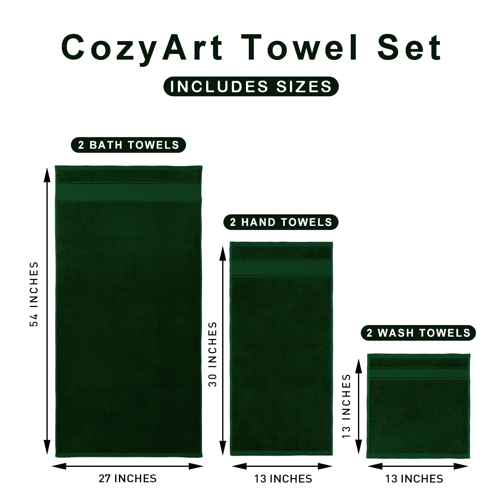 Cozyart Formal Green Bath Towels Set 6 Piece, Luxury 100% Turkish Cotton 650Gsm Hotel Quality, Soft, Absorbent,Towel Sets For Ba